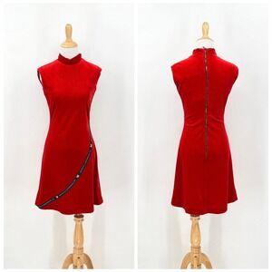 MARCELL VON BERLIN Logo Tape Velvet Mini Dress Women 4 Red Mock Neck Sleeveless